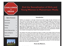 [ai] A document titled "Challenge the Media" focusing on the sexualization of girls and young women in mainstream media. It includes sections on testimonials, websites, and actions to take, with an introduction addressing media exposure.